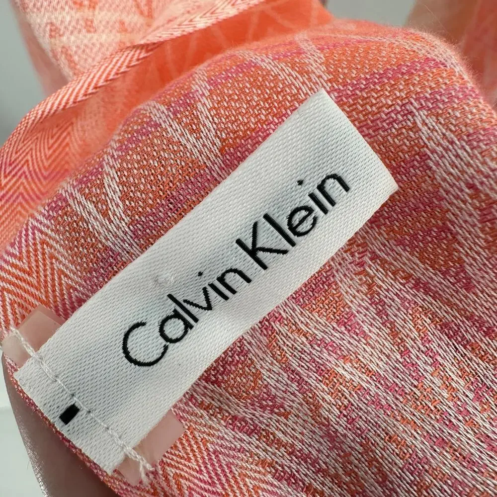 Calvin Klein Scarf Coral Chevron Lightweight Fringe Wrap Shawl Boho Coastal Chic